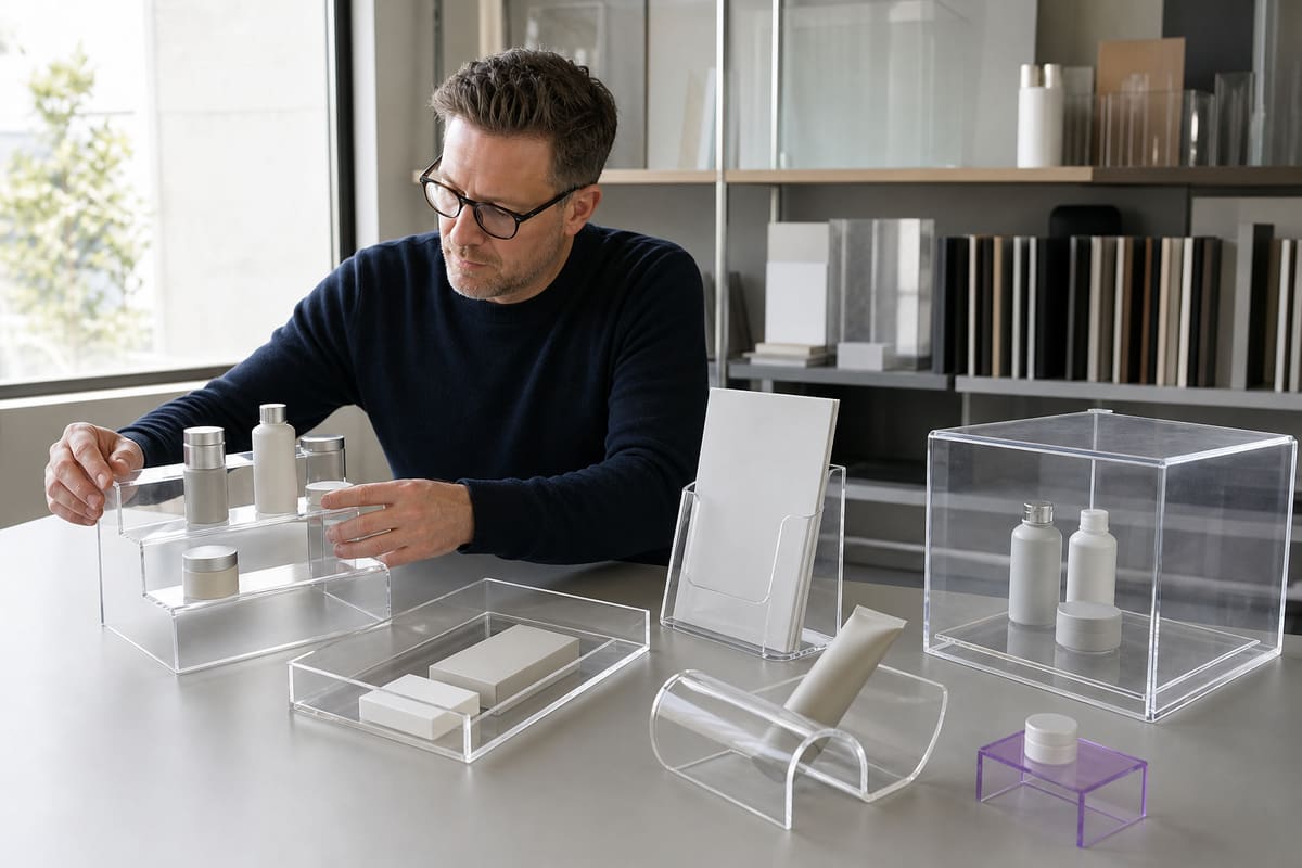 Designer comparing clear acrylic risers, trays, brochure holders, product cradles and a display cover
