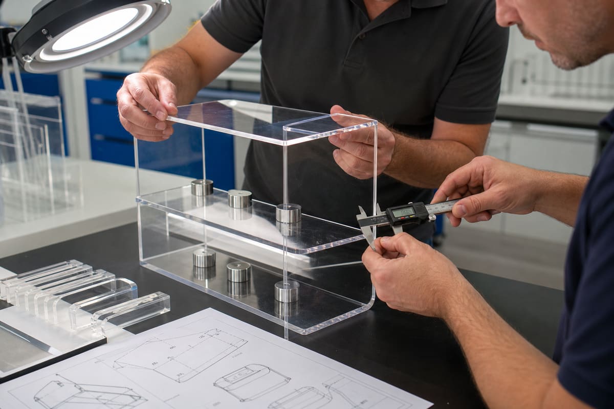 Fixture engineer inspecting acrylic thickness, polished edges, bent corners and bonded joints on a retail display prototype