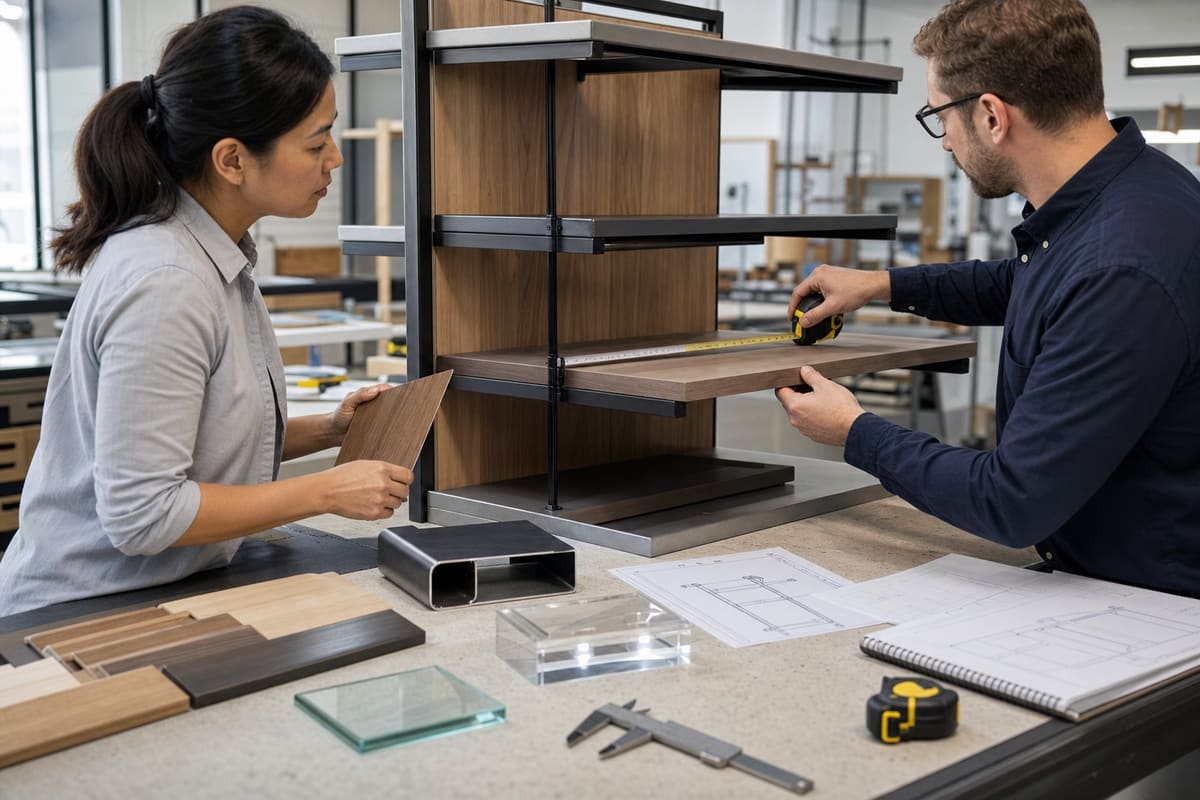 Buyer and fixture engineer reviewing product samples, load notes, finish swatches and drawings for a custom retail fixture