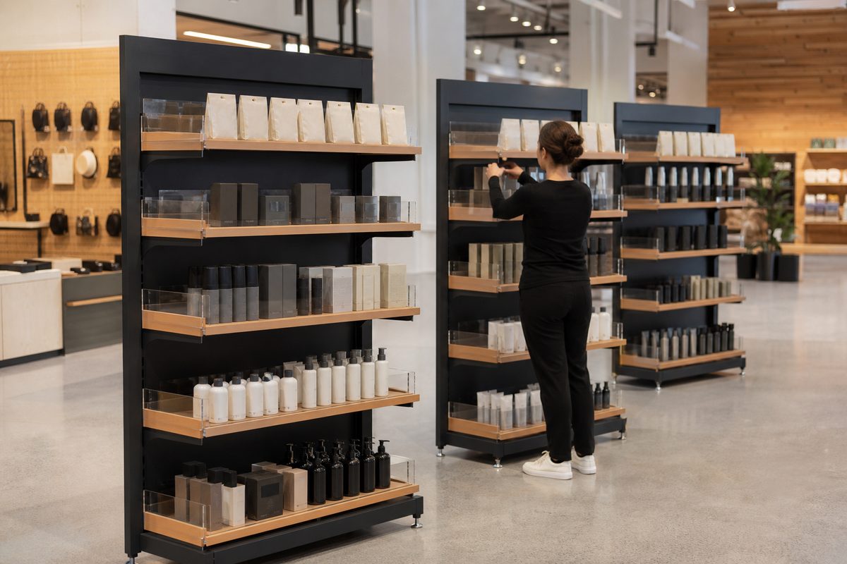 Three consistent mixed-material custom POP displays installed for a multi-store retail rollout