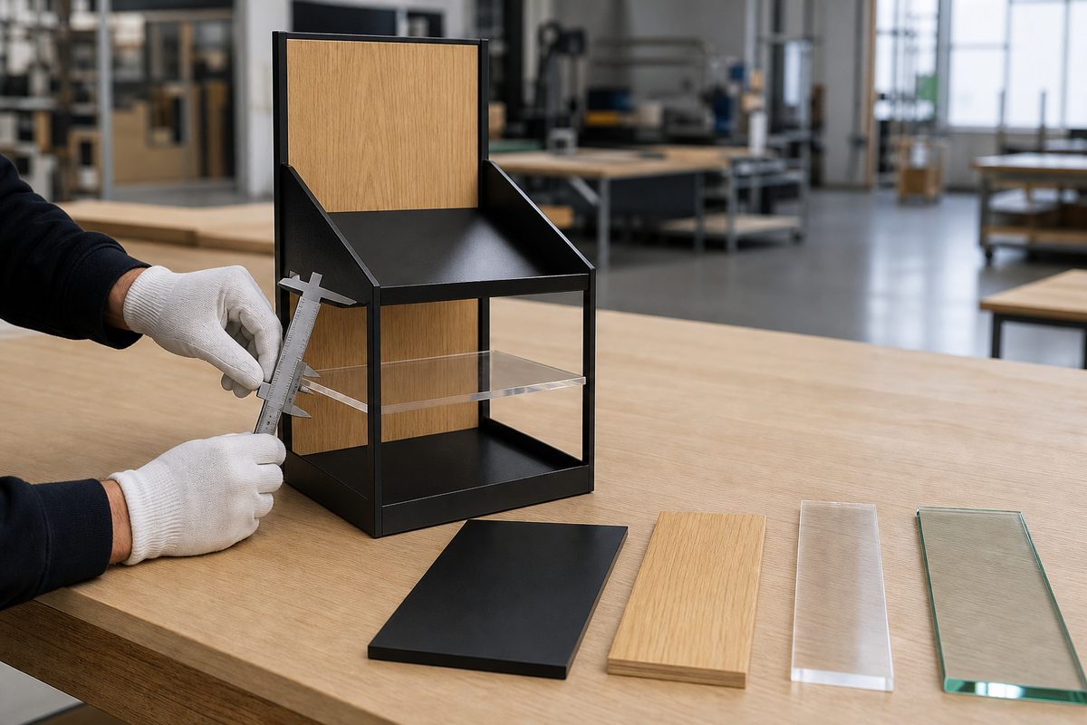 Designer inspecting a mixed-material custom POP display mockup with metal, wood, acrylic and glass samples