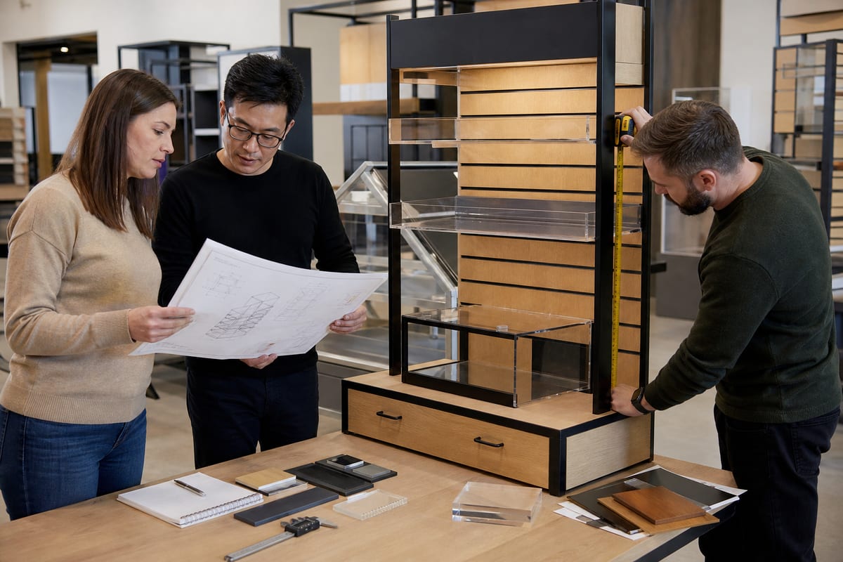 Buyer, designer, and engineer reviewing a custom retail display fixture prototype