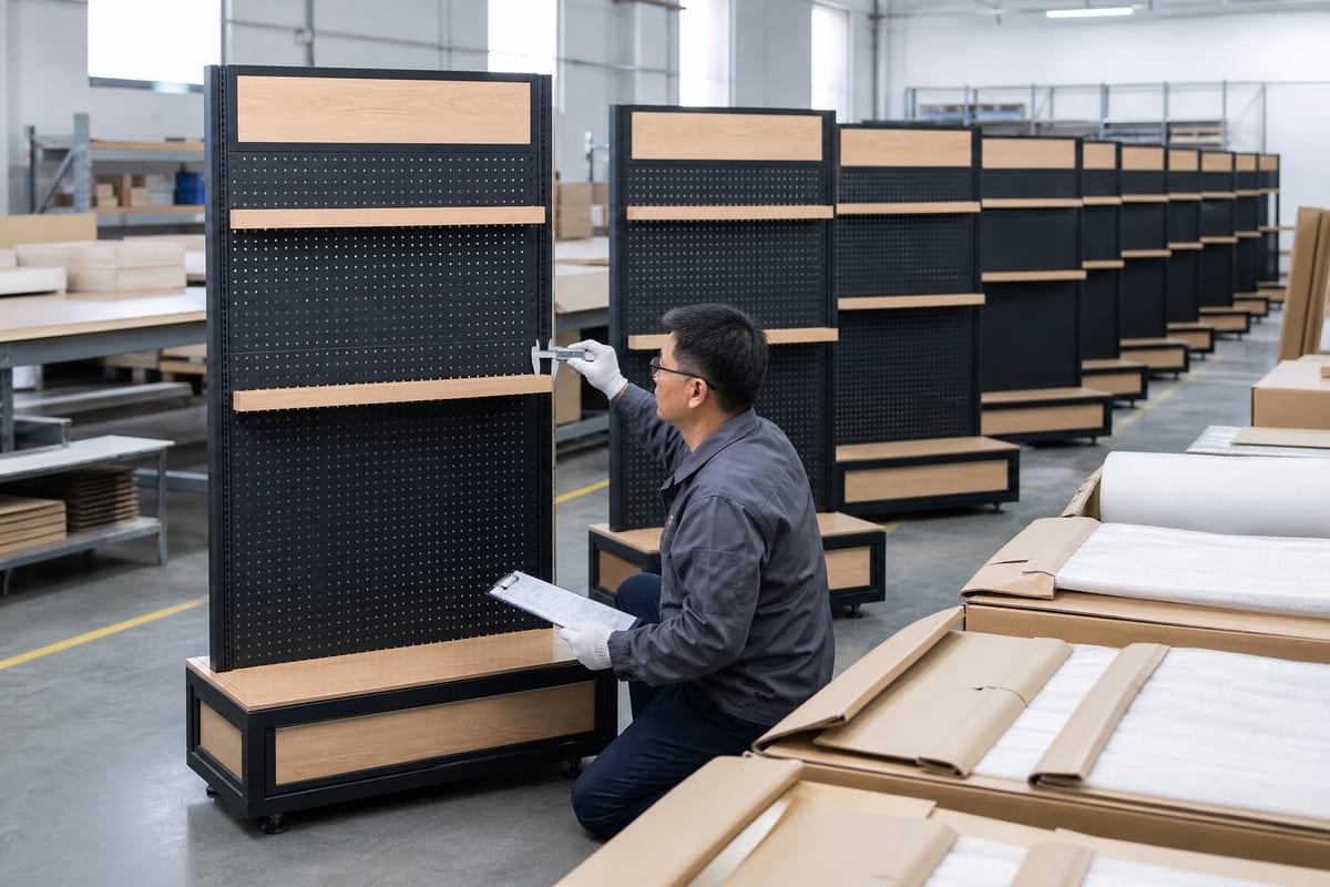 Inspector measuring retail display fixtures before export packaging and multi-store rollout