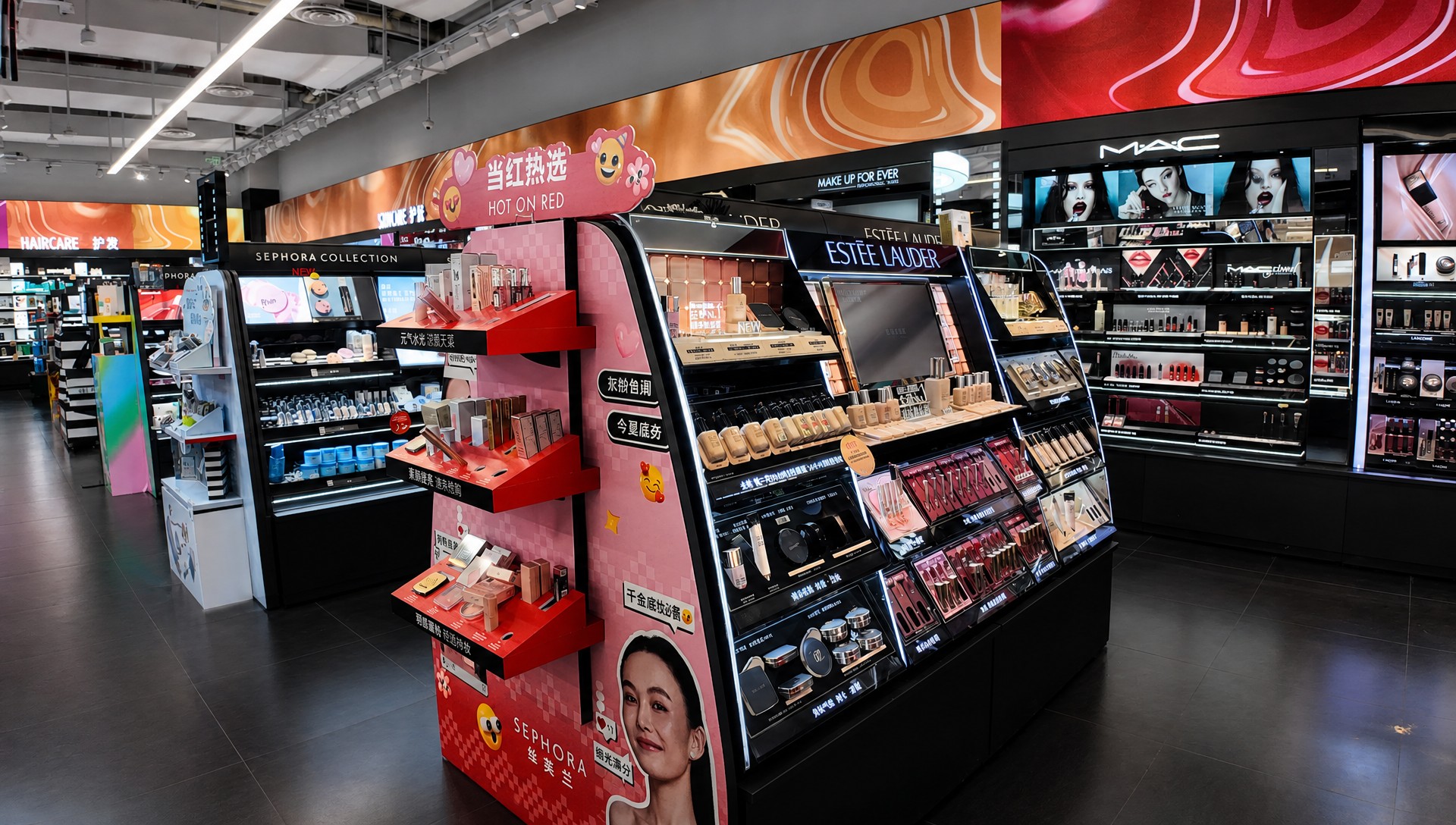 Beauty and cosmetics retail fixtures with lit display cases