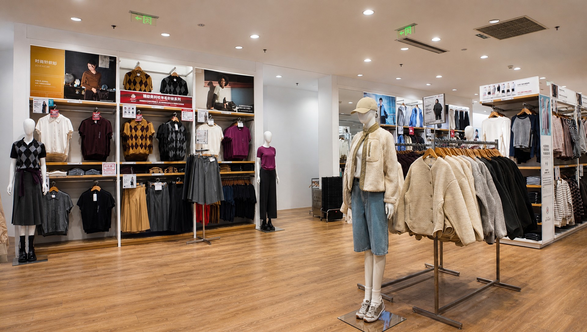 Sportswear retail store interior with wall-mounted apparel display systems
